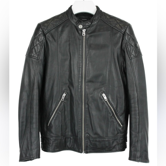 Diesel vintage Black sheepskin Leather Jacket with Quilted Shoulders